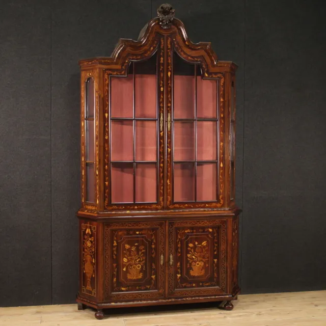 Great inlaid display cabinet Dutch double body bookcase sideboard 20th century