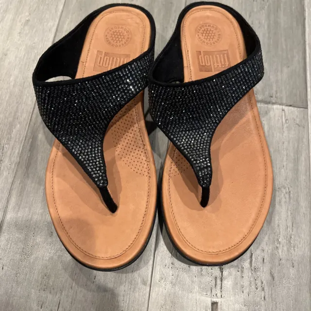 Fit Flop Banda Black Quartz Slip On Post Leather Sandals Womens Size 6 Shoes New