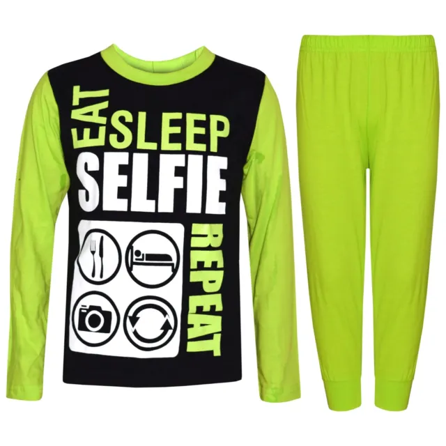 Kids Girls Boys Lime Eat Sleep Selfie Repeat Pajamas Lounge Wear PJS 2-13 Years