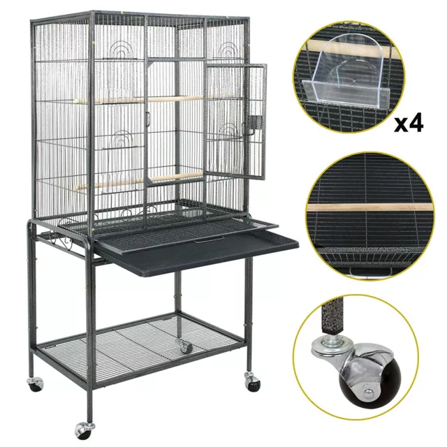 53 Inch Flight Bird Cage Large Wrought Iron Parrot Cage with Rolling Stand Black 3