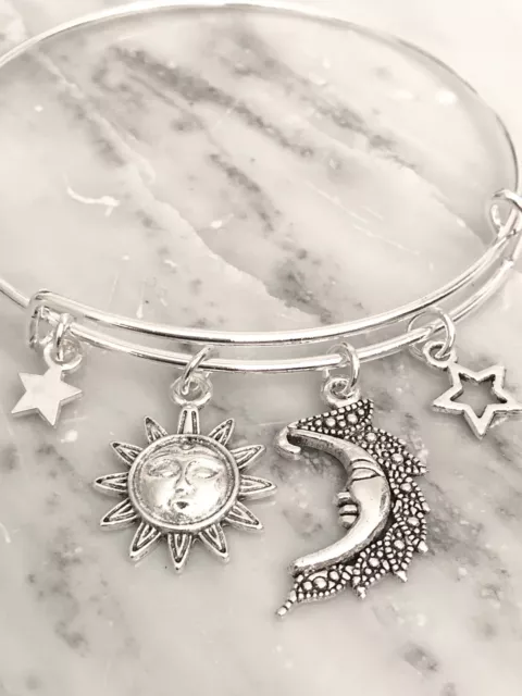 CELESTIAL SUN MOON stars Silver charm Expandable Bangle Bracelet