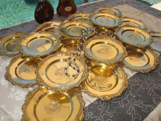 18pc OLD DINNER PLATES Sterling SILVER GOLD vermeil 427 Oz 12+KILO MUSEUM BEST!