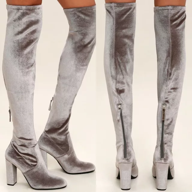 STEVE MADDEN-Emotionv-Gray Velvet Over The Knee Boots-Block Heel-1/2 Zip-Sz 8-EX