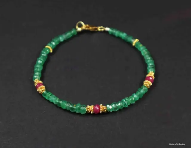 100% Natural Emerald & Ruby Faceted Gemstone Beaded Bracelet 14k Gold Over Clasp