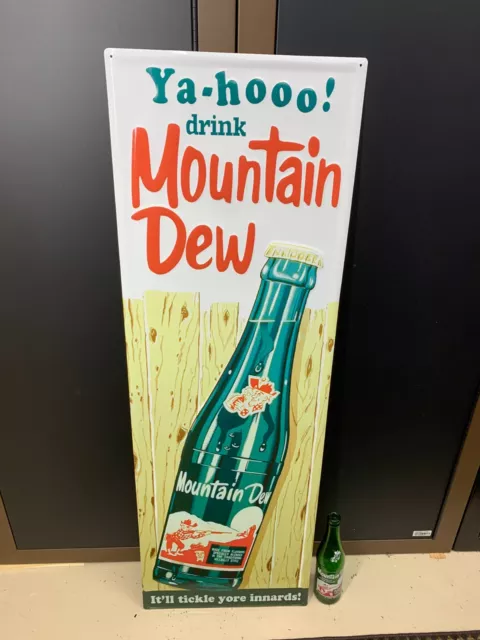 "MOUNTAIN DEW" EMBOSSED METAL ADVERTISING SIGN (42"x 14") NEAR MINT CONDITION