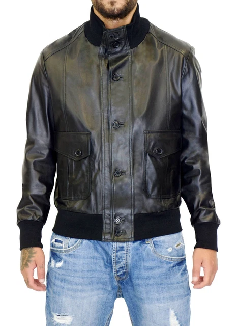 Giacca Polo Ralph Lauren Uomo Vera Pelle Nero Giubbotto Bomber VIETRI LEATHER