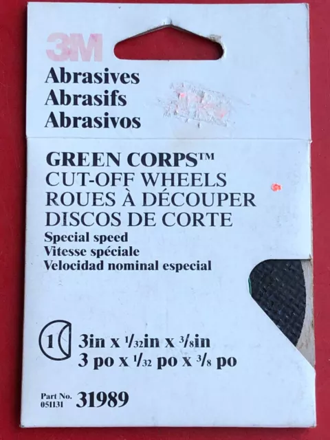 3M 31989 GREEN CORPS CUT-OFF WHEEL DISC 3" DIAMETER x 1/32" x 3/8" ARBOR HOLE