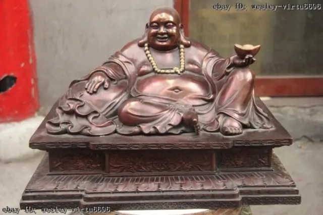 Chinese Buddhism Bronze Wealth Money bag Happy Laugh Maitreya Buddha Statue