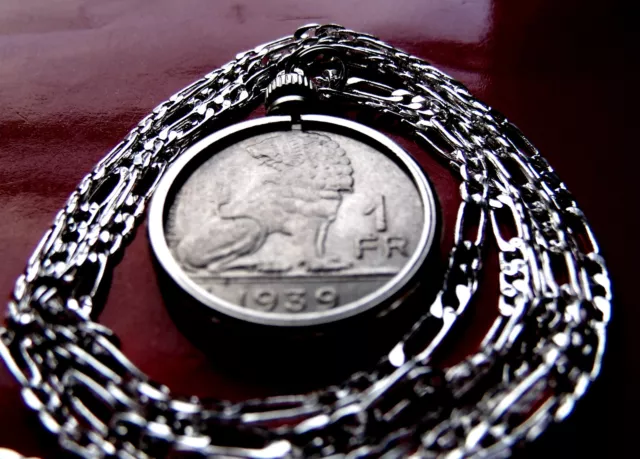 Belgian 1939 Classic Royal Lion Coin Pendant on a 30" 925 Sterling Silver Chain.