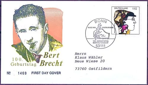 BRD 1998: Bertolt Brecht! FDC der Nr. 1972 mit Bonner Stempel! Gelaufen! 23-04
