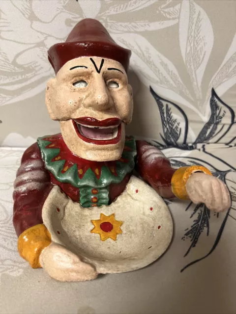 Cast Iron Jolly Jester Clown Mechanical Nutcracker with Shell Dish Antique