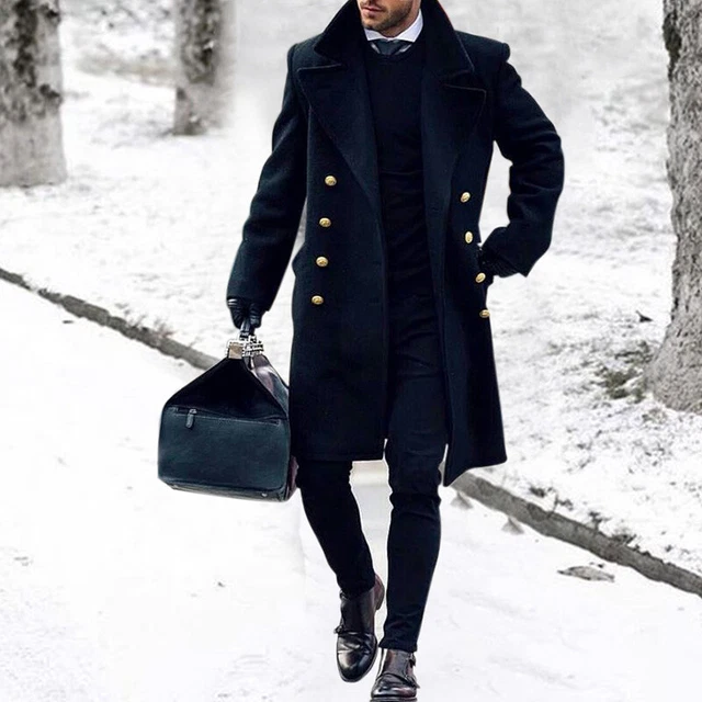 Mens Winter Warm Woolen Trench Coats Work Double Breasted Thicken Jacket Outwear