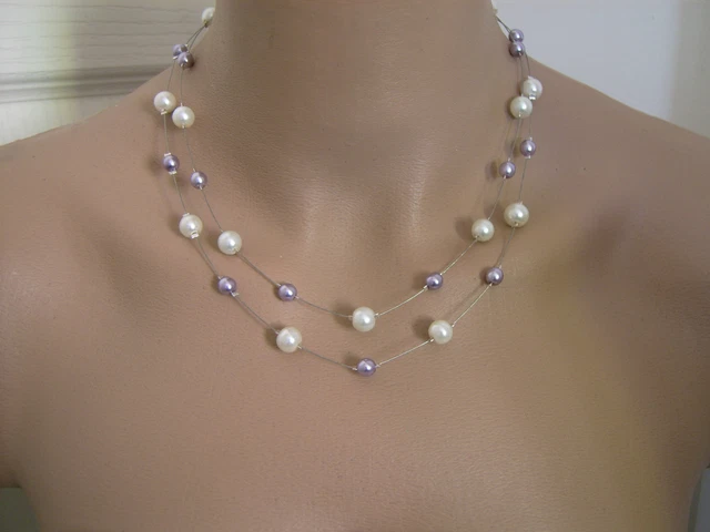 Collier Fantaisie Femme Blanc Cassé / Violet / Prune - Perles Verre - Mariage Ou Cérémonie