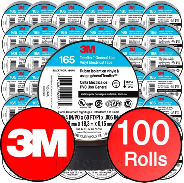 3M Temflex Vinyl Electrical Tape 165 Multi-purpose 3/4" X 60FT Black 100 Rolls