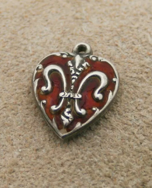 VINTAGE STERLING SILVER PUFFY HEART CHARM - Fleur De Lis with Enamel Background