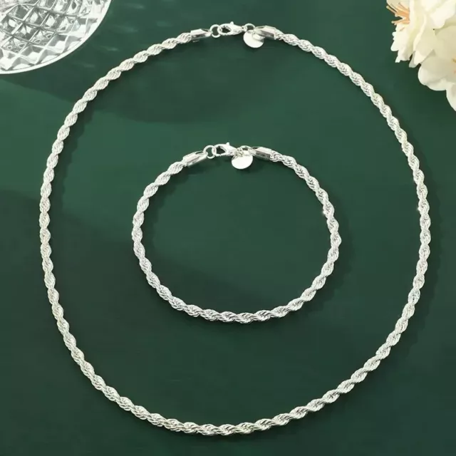 Juego De 2 Collar Y Pulsera Estilo Cadena Cuerda 4Mm Ancho Plata De Ley 925