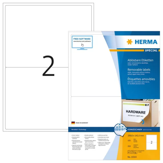 HERMA Self Adhesive Removable Multi-Purpose Labels, 2 Labels Per A4 Sheet, 200 L