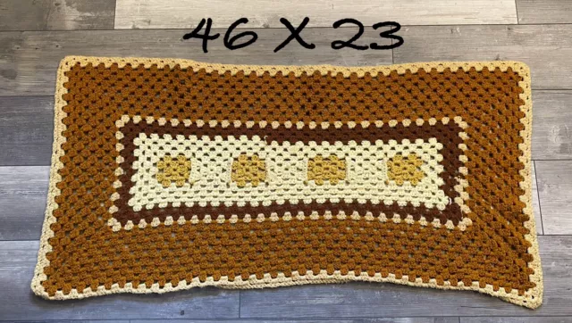 Handmade Afghan Lap Throw Crochet Blanket Yellow Brown Cream 46" 23" Boho Retro