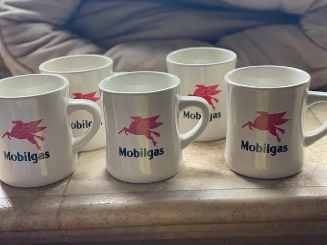 lot of 5 Vintage MOBILGAS Coffee MUGs Mobil Oil Pegasus gas station ceramic