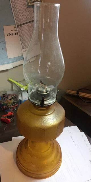 Vintage Amber Yellow Gold Glass Kerosene Oil  Lamp W Shade 19”