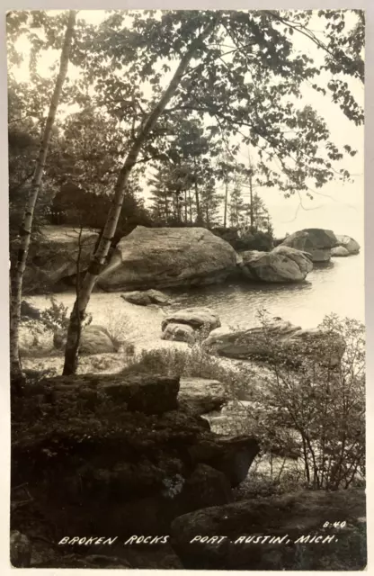 RPPC Broken Rocks Port Austin Mich. Michigan Trees Water Nature Vintage Postcard