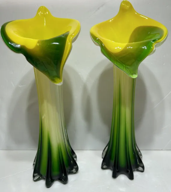 Pier 1 Imports- Pair Of Hand Blown Glass Tulip Vase Green/Yellow