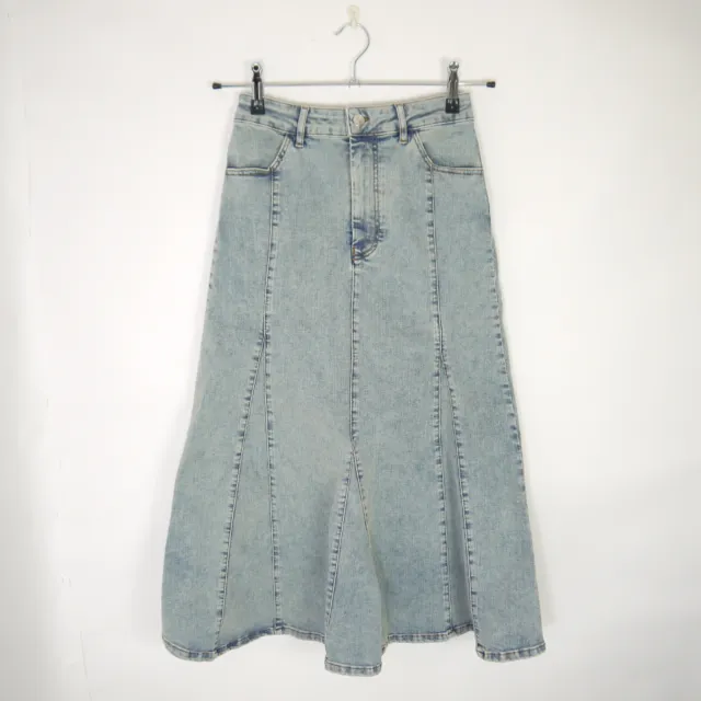 Maje Justia Denim Skirt High Rise Midi Flare Blue Mid Wash Size 36 / UK 8 BNWT