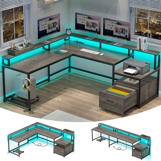 Home Office Desk w/File Drawer & Power Outlet Gaming Desk Corner Computer Desk