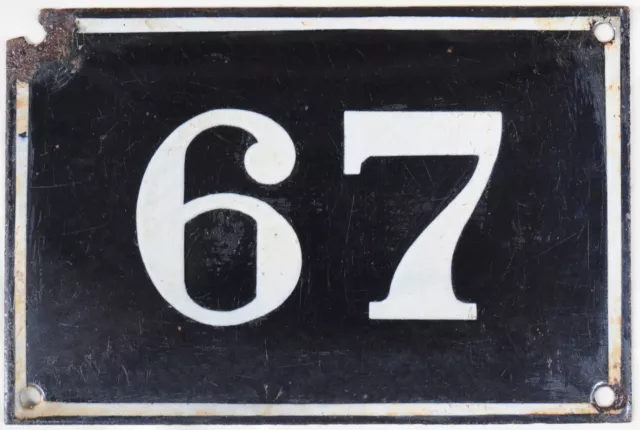 Large old black French house number 67 door gate plate plaque enamel metal sign