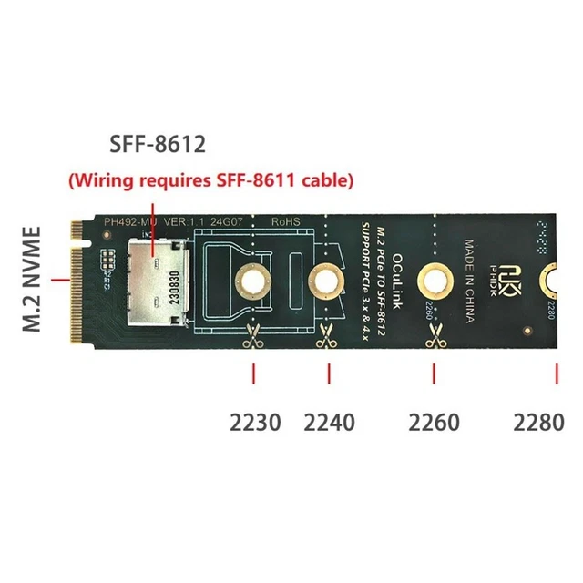 Adaptateur HôTe PCI-E 3.0 M-Key M.2 Vers Oculink SFF-8612 SFF-8611 pour