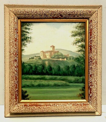 Lago Castello Barca Castelli Quadro a Olio Dipinto Autografato Vintage 