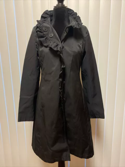 DKNY Women’s Ruffle A-line Black Trench Rain Coat Sz XS EUC