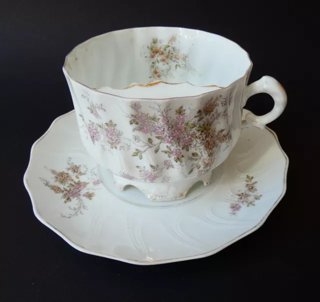 Antique German Porcelain Pompadour Moustache Cup & Saucer Pale Mauve Flowers