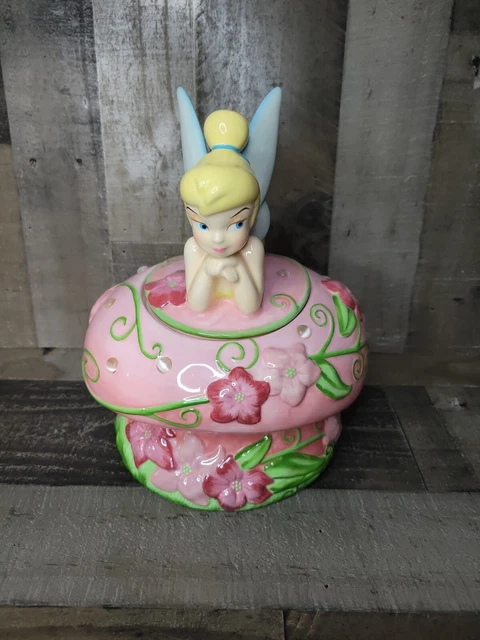 Disney Tinkerbell Cookie Jar Mushroom Jewel Fairy Flowers Rare Disney Tinkerbell Cookie Jar Mushroom Jewel Fairy Flowers Rare
