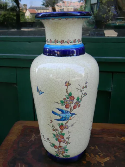 "Vase Balustre Décor Aux Oiseaux et Papillons en Emaux de Longwy Craquelé 41 cm