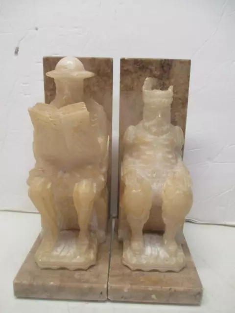Don Quixote & Sancho Panza Hand Carved White Alabaster Bookends Pair 7-1/2" T