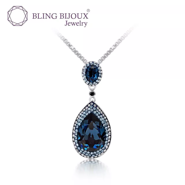 Majestic Twin Pear-Shaped Montana Blue Gems 925 Sterling Silver Pendant Necklace