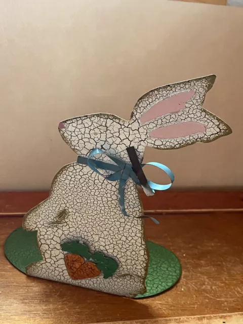 Crackled Painted White Easter Bunny Rabbit w Carrots & Metal Blue Ribbon Book