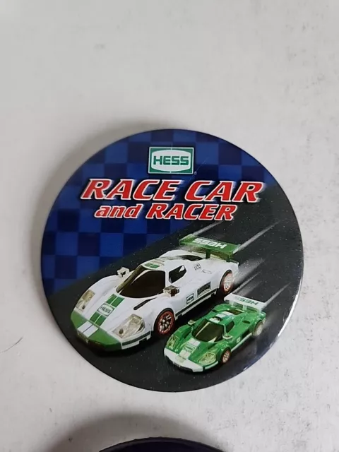 Lot of 2 Vintage Hess Cashier Buttons Toy Truck & Race Car And Racer Pinbacks 2