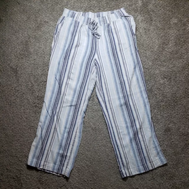 Briggs Pants Womens Large Blue Striped Linen Blend Wide Leg Pockets Drawstring
