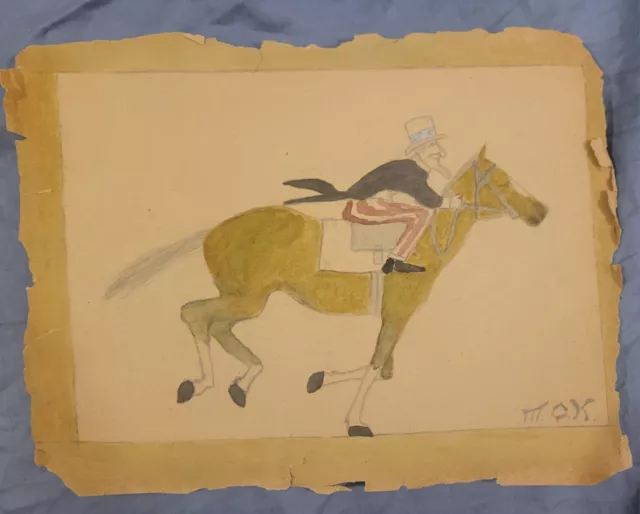 Orig Antq Kids Drawing-Uncle Sam riding Horse-Folk Art 1915-1920s