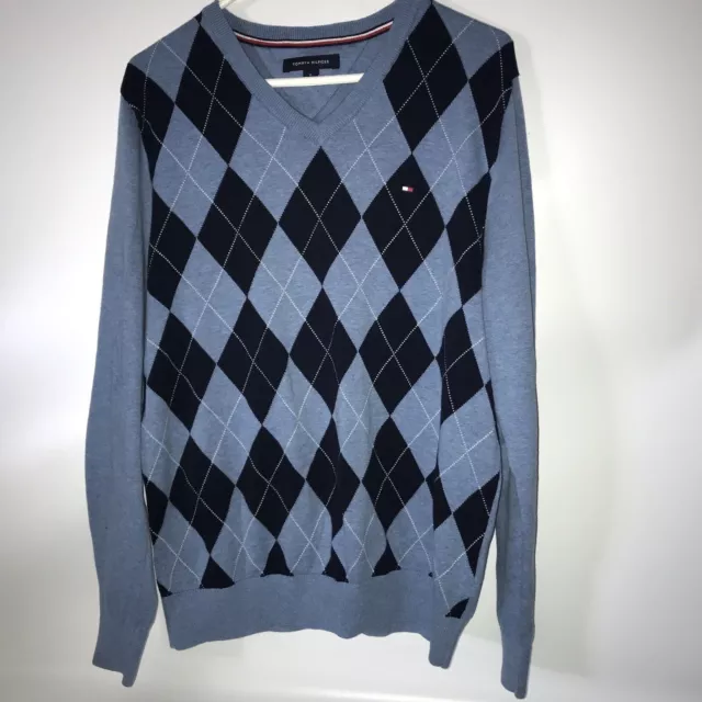 Tommy Hilfiger V-neck Blue Argyle Pullover Sweater Medium