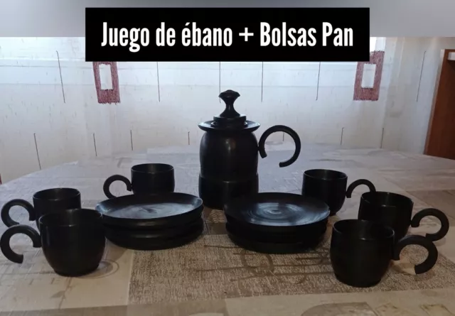 Juego Madera de Ebano para Licor Té Jarra 6 Tazas 6 Platos + Bolsas Pan Vintage