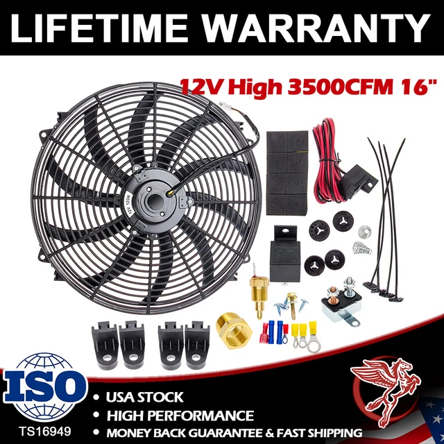 12V 16" High Electric Radiator Cooling Thermostat Relay Switch 3000CFM Fan Kit