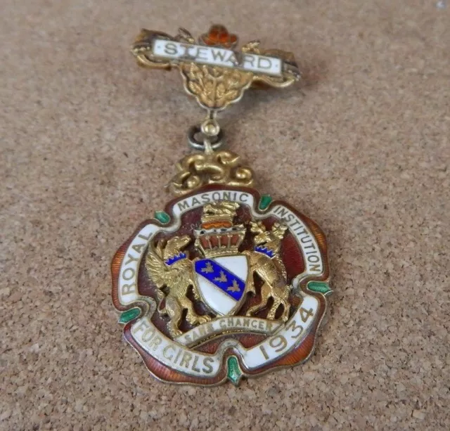 Royal Masonic Instution for girls Sterling silver & Enamel Steward jewel 1934