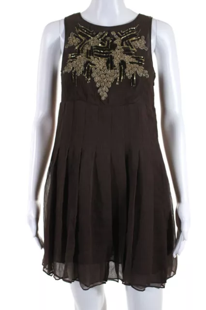 Alice + Olivia Womens Side Zip Embellished Chiffon Silk Shift Dress Brown XS