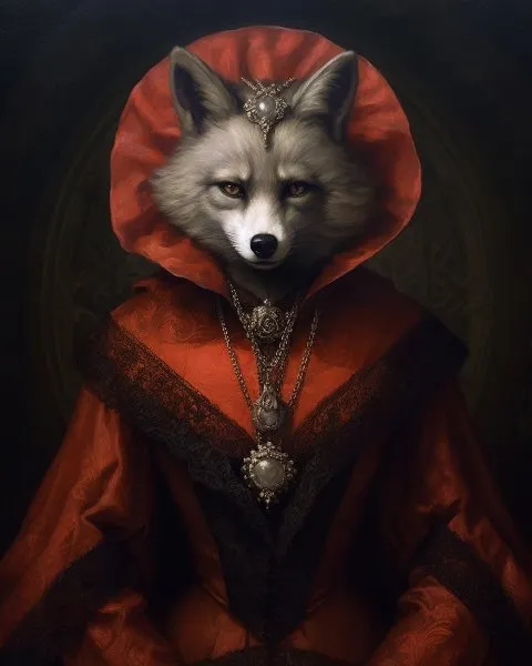 Gothic Renaissance Fox Lady Wearing Red Dress Portrait Giclee Print A100