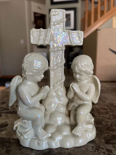 Vtg Iridescent Praying Angels And Cross Fig 7" x 5" Religious Christian Statue