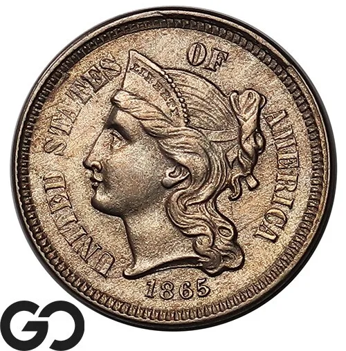 1865 Three Cent Nickel Piece, Nice Gem BU++ ** Free Shipping!