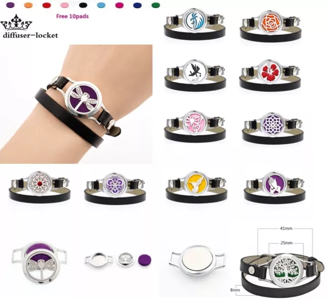 Alloy Aromatherapy Oil Diffuser Stainless Steel Locket PU Leather Wrap Bracelet